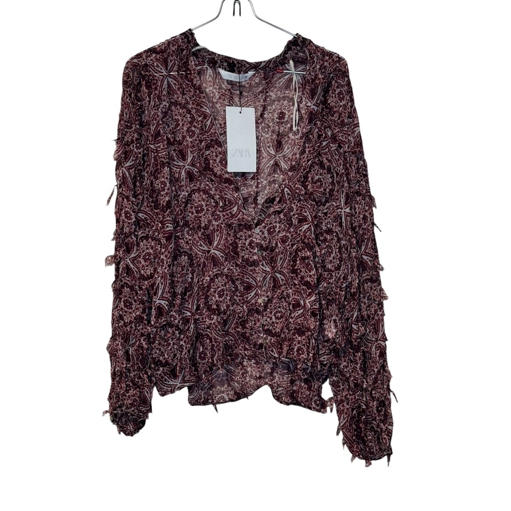 Zara Womens Tops Burgundy Paisley Floral Sheer Fringe Slouchy V-Neck Boho Small